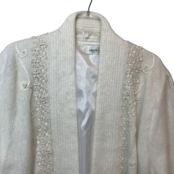 VTG Womens 2XL Open Cardigan Longline Sweater White Angora Blend Pearl Embellish - Picture 5 of 12